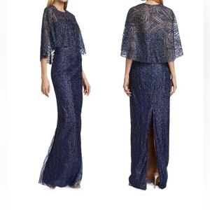NEW!$1’270! Marchesa Notte Embellished Sequin Column Gown CapeNavy Strapless Sz4